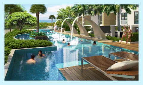 Ground-floor pool amongst lush landscaping